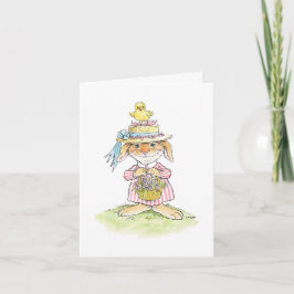 Tarjeta de conejo y pollito con sombrero de paja d