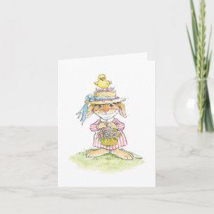 Tarjeta de conejo y pollito con sombrero de paja d