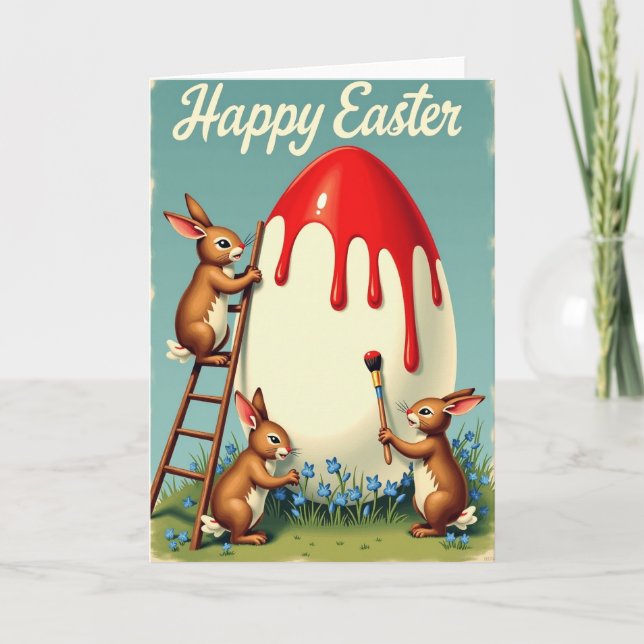 Tarjeta de conejos pintando huevo de primavera (Anverso)