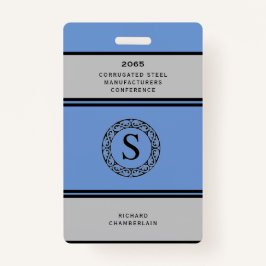 Tarjeta de conferencia azul y gris con logotipo