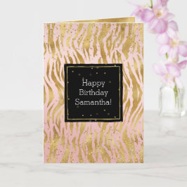 Tarjeta de confetti de cebra glitz de oro rosa