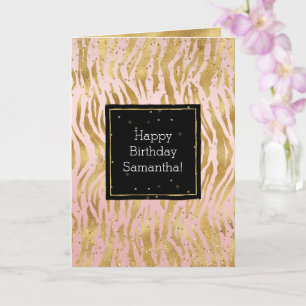 Tarjeta de confetti de cebra glitz de oro rosa