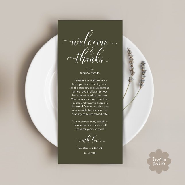 Tarjeta de configuración de bienvenida y agradecim (Modern Wedding Dinner Brunch Lunch Table Place Setting Thank You Card in Rustic Olive Green Greenery)