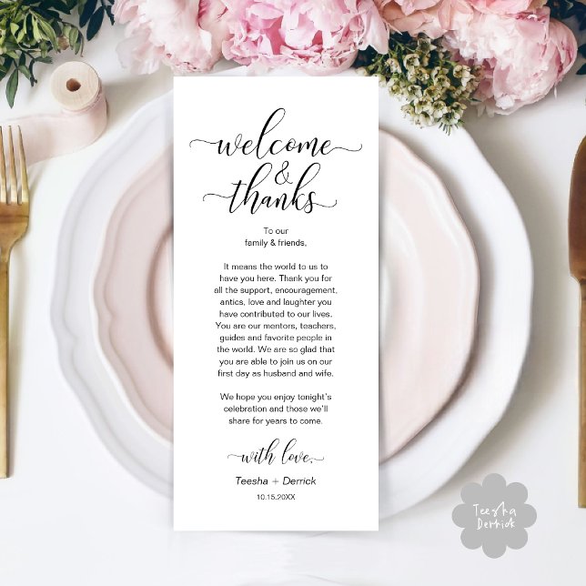 Tarjeta de configuración de bienvenida y agradecim (Modern Wedding Dinner Brunch Lunch Table Place Setting Thank You Card in Classy Black White)