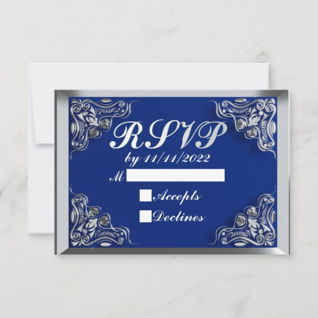 Tarjeta De Confirmación De Asistencia 50 cumpleaños o aniversario Regal Silver Azul (Anverso)