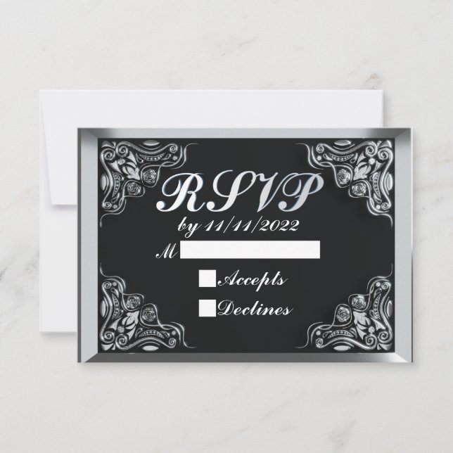 Tarjeta De Confirmación De Asistencia 50 cumpleaños o aniversario Regal Silver negro (Anverso)