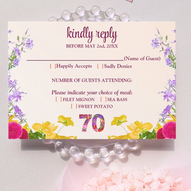 Tarjeta De Confirmación De Asistencia 70 años floral moderno 70 años fiesta elegante (Subido por el creador)