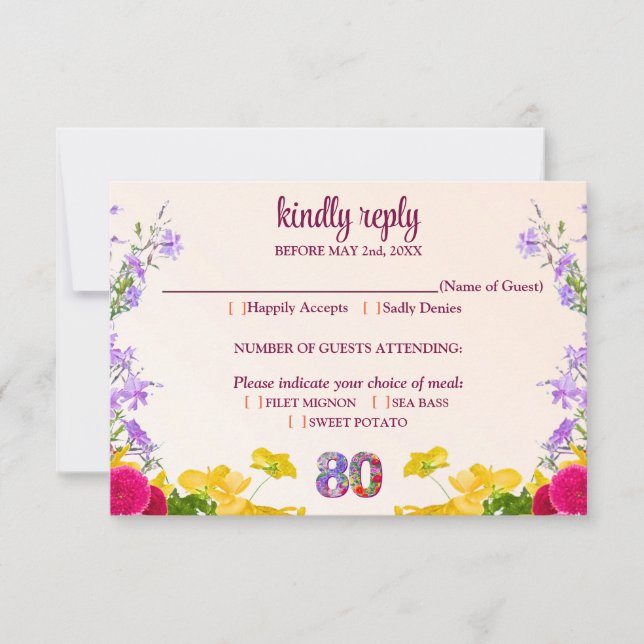 Tarjeta De Confirmación De Asistencia 80 años floral moderna 80 años fiesta elegante (Anverso)