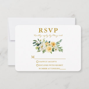 Tarjeta De Confirmación De Asistencia Acuarela Amarillo Floral Elegante Oro