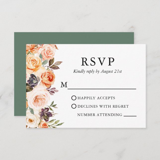 Tarjeta De Confirmación De Asistencia Acuarela Boda floral otoñal Sage Green (Anverso / Reverso)