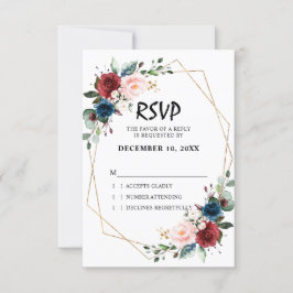 Tarjeta De Confirmación De Asistencia Acuarela Burgundy Azul Marino Floral Geométrico