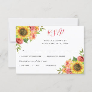 Tarjeta De Confirmación De Asistencia Acuarela de girasol Coral Floral Comida Boda