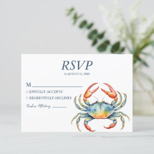 Tarjeta De Confirmación De Asistencia Acuarela de moda Cangrejo Boda de Playa Náutica