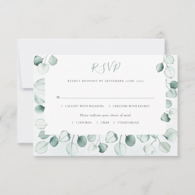 Tarjeta De Confirmación De Asistencia Acuarela Dusty Eucalyptus deja Boda fronterizo (Anverso)