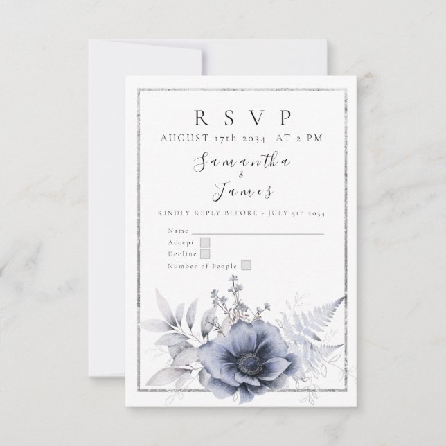 Tarjeta De Confirmación De Asistencia Acuarela Floral Boho Azul Polvoriento  (Anverso)