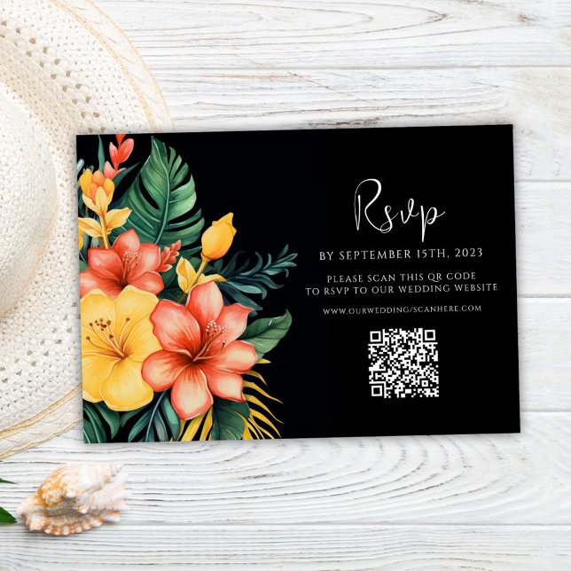 Tarjeta De Confirmación De Asistencia acuarela floral Código QR Boda tropical (Floral Watercolor QR Code Tropical Wedding RSVP Card)