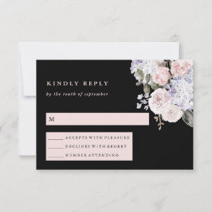Tarjeta De Confirmación De Asistencia Acuarela Hidrangea Floral sobre negro   Boda