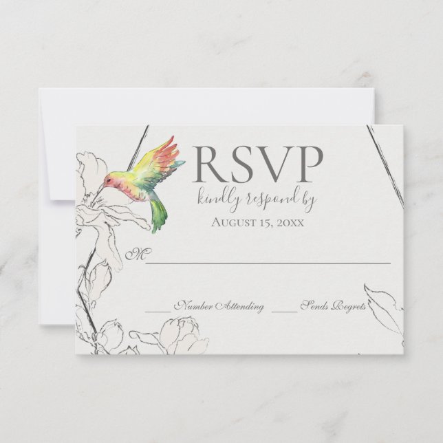 Tarjeta De Confirmación De Asistencia Acuarela Hummingbird Boda Geométrico Floral (Anverso)
