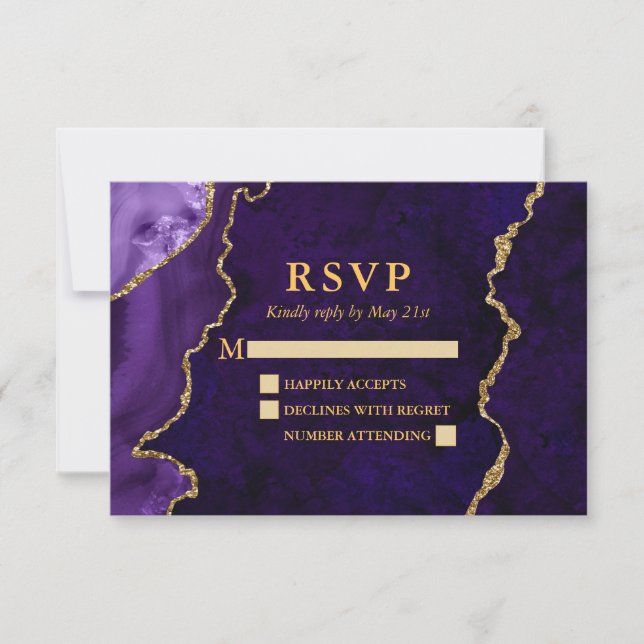 Tarjeta De Confirmación De Asistencia Acuarela Marble púrpura Agate Geode Boda Gold (Anverso)