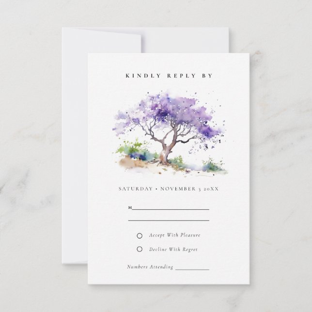 Tarjeta De Confirmación De Asistencia Acuarela mínima Lilac Jacaranda Tree Boda (Anverso)