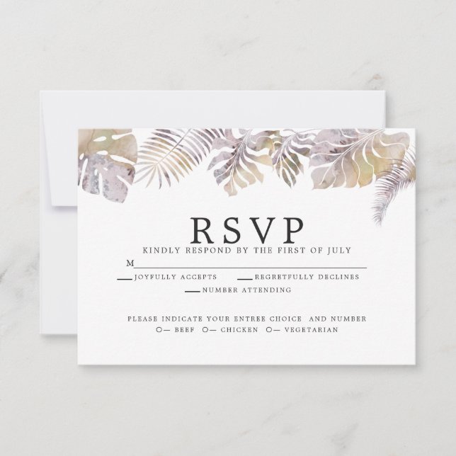 Tarjeta De Confirmación De Asistencia Acuarela moderna Foliage tropical Mauve Gold (Anverso)
