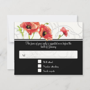 Tarjeta De Confirmación De Asistencia Acuarela moderna Rojo Poppy Poppies Swirls Negro
