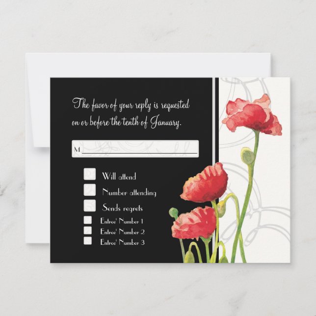Tarjeta De Confirmación De Asistencia Acuarela moderna Rojo Poppy Poppies Swirls Negro (Anverso)