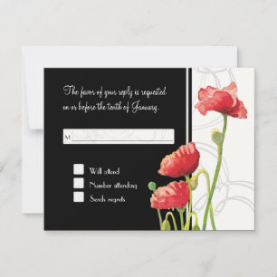 Tarjeta De Confirmación De Asistencia Acuarela moderna Rojo Poppy Poppies Swirls Negro