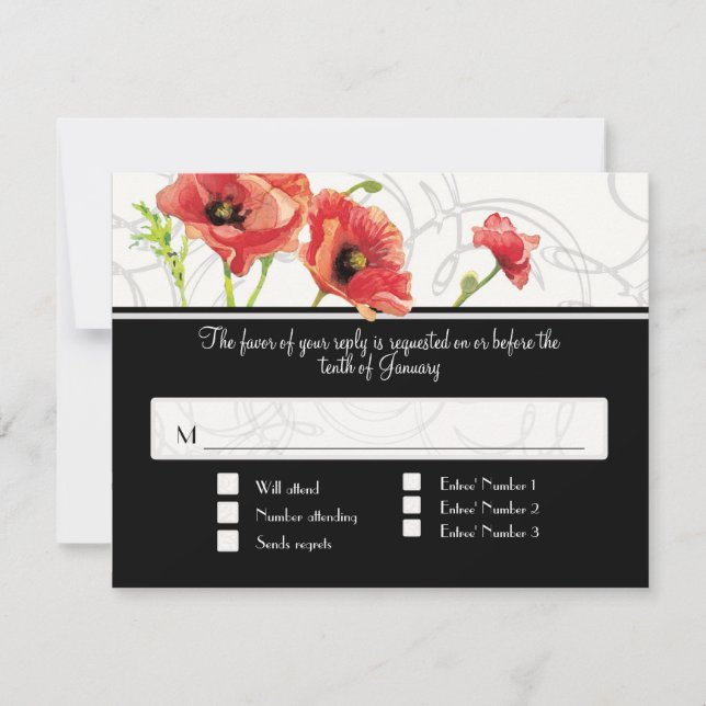 Tarjeta De Confirmación De Asistencia Acuarela moderna Rojo Poppy Poppies Swirls Negro (Anverso)