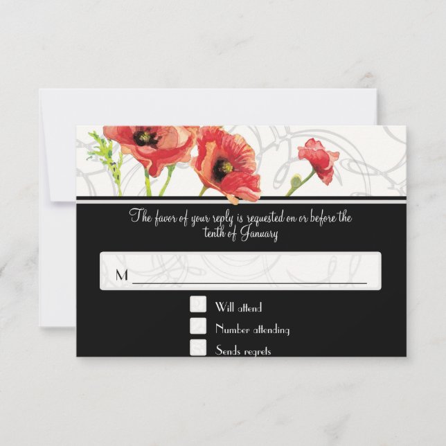 Tarjeta De Confirmación De Asistencia Acuarela moderna Rojo Poppy Poppies Swirls Negro (Anverso)