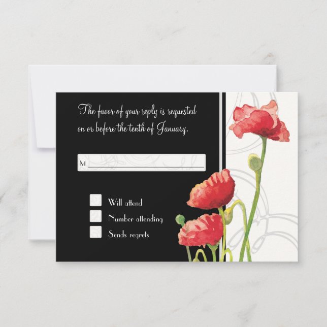Tarjeta De Confirmación De Asistencia Acuarela moderna Rojo Poppy Poppies Swirls Negro (Anverso)