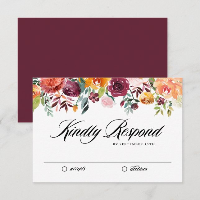Tarjeta De Confirmación De Asistencia Acuarela Otoño Blooms Garland Fall Wedding (Anverso / Reverso)