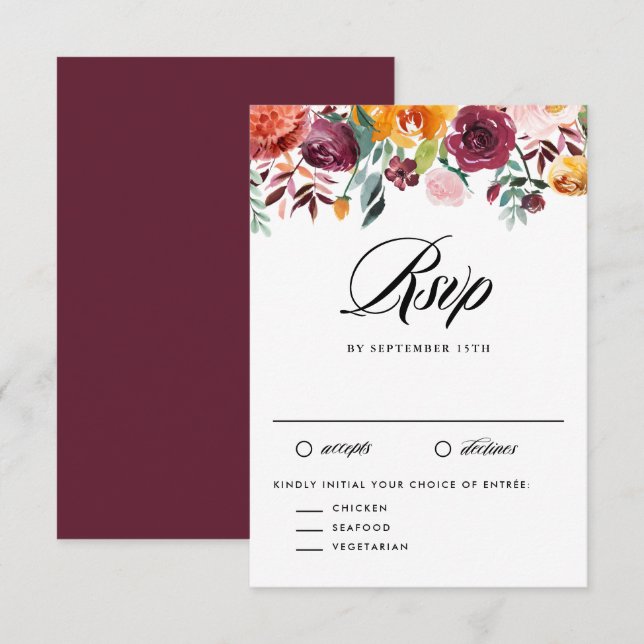 Tarjeta De Confirmación De Asistencia Acuarela Otoño Blooms Garland Fall Wedding (Anverso / Reverso)