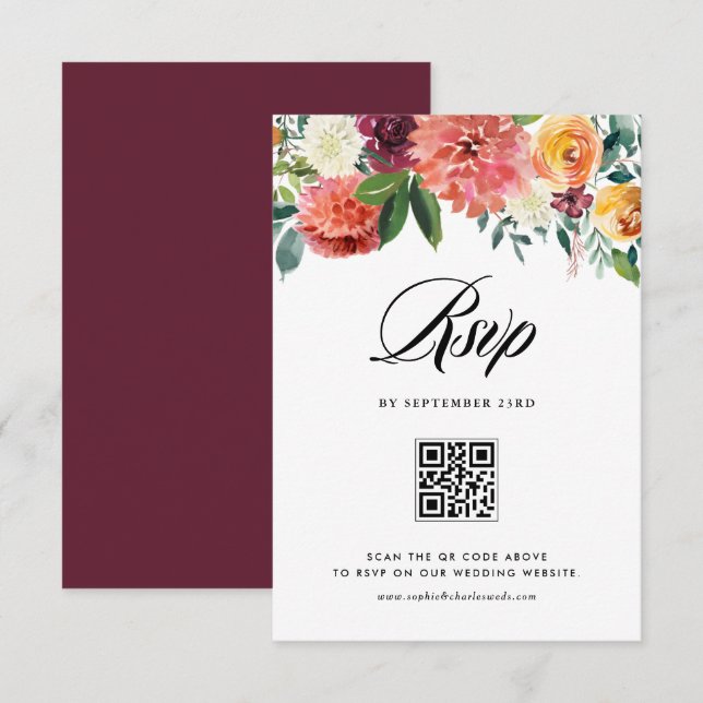 Tarjeta De Confirmación De Asistencia acuarela otoño florece Boda floral código QR (Anverso / Reverso)