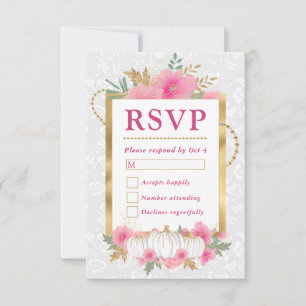 Tarjeta De Confirmación De Asistencia Acuarela Otoño Rosa y Dorado Floral Calabaza Boda