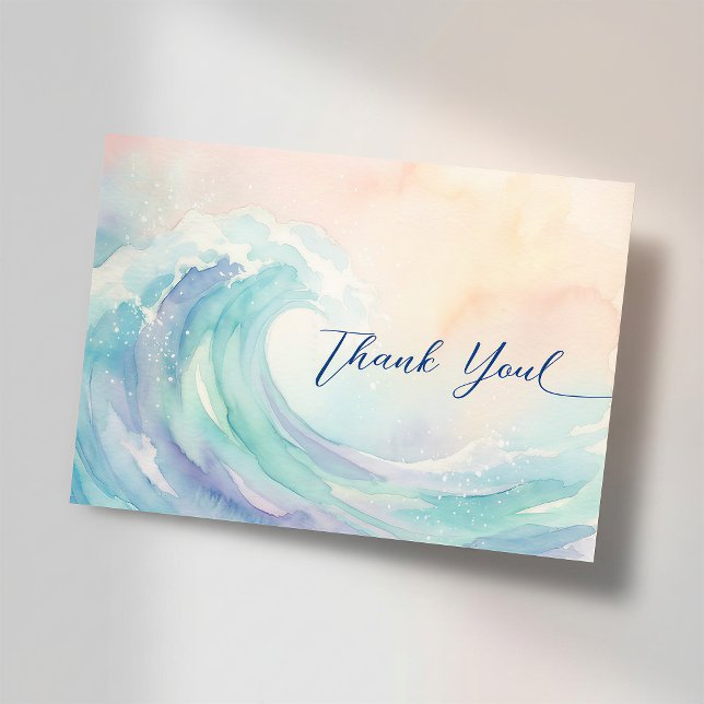 Tarjeta De Confirmación De Asistencia Acuarela Pastel Elegante  | Agradecimiento suave r (#beachwedding #thankyoucard #waves #pastelbeachcolors #elegantcard #blue #weddingsummer)