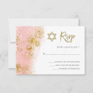 Tarjeta De Confirmación De Asistencia Acuarela rosa   Faux Gold Bat Mitzvah