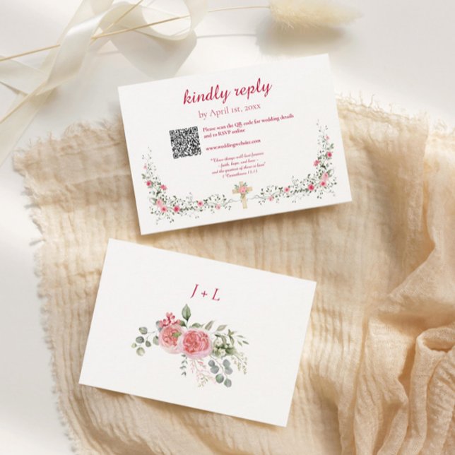 Tarjeta De Confirmación De Asistencia Acuarela Rosa y Boda cristiana cruzada (RSVP Wedding Card Rose Watercolor with Cross)