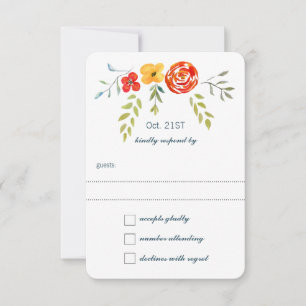 Tarjeta De Confirmación De Asistencia Acuarela Rustic Floral Garland Boda de arte folcló