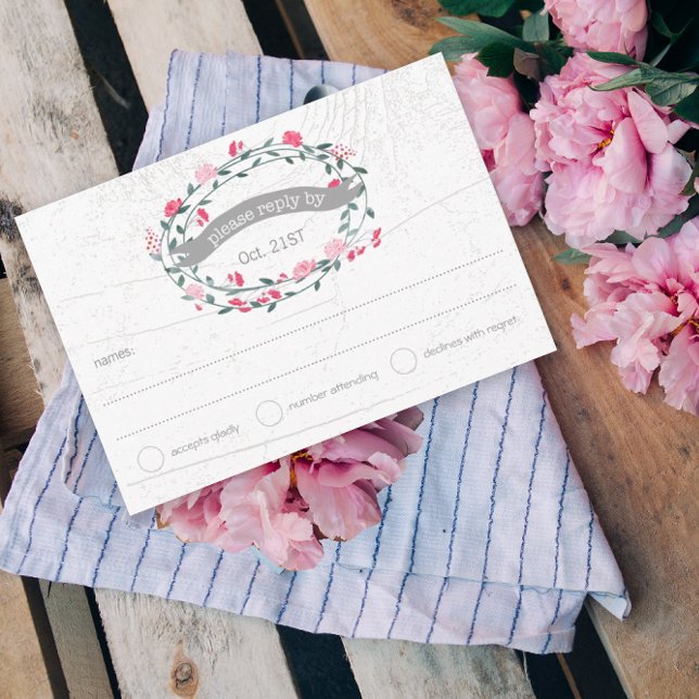Tarjeta De Confirmación De Asistencia Acuarela Rustic Floral Garland Boda de arte folcló (Subido por el creador)
