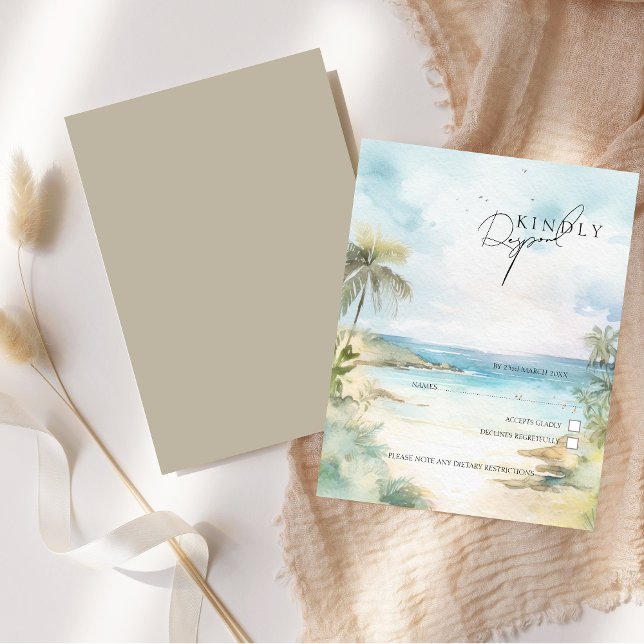 Tarjeta De Confirmación De Asistencia Acuarela Tropical Beach Palm Trees Boda (Watercolor Tropical Beach Palm Trees Wedding RSVP Card)