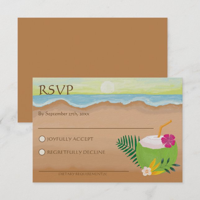 Tarjeta De Confirmación De Asistencia Acuarela Tropical Floral Ocean Beach Wedding (Anverso / Reverso)