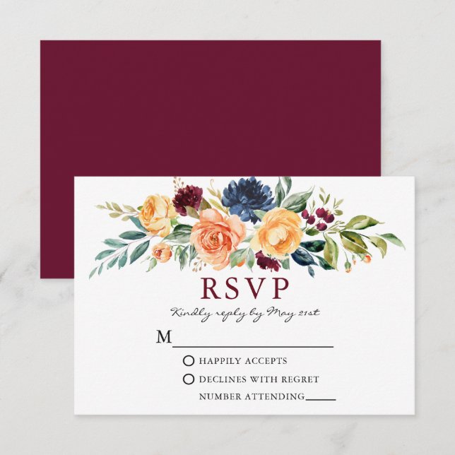Tarjeta De Confirmación De Asistencia Acuarela Variedad Floral Mezclada Boda Borgoña (Anverso / Reverso)