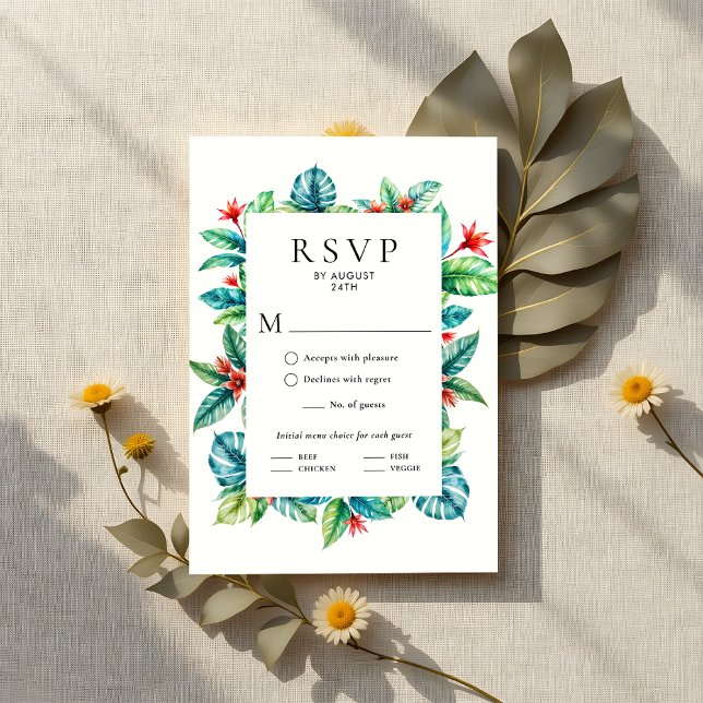 Tarjeta De Confirmación De Asistencia Acuarela Vegetación Tropical Marco Boda Jardín (Subido por el creador)
