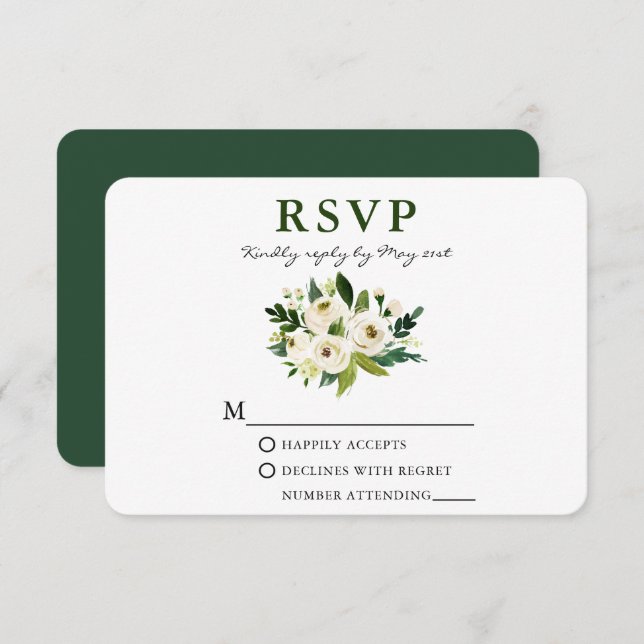 Tarjeta De Confirmación De Asistencia Acuarela Verde Floral Blanco Verdor (Anverso / Reverso)