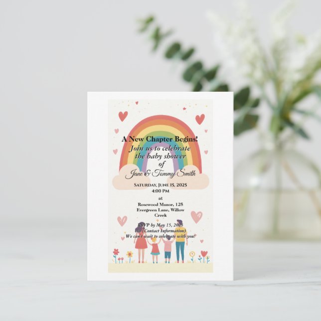 Tarjeta De Confirmación De Asistencia Adopción de Baby Shower arcoiris (Anverso de pie)