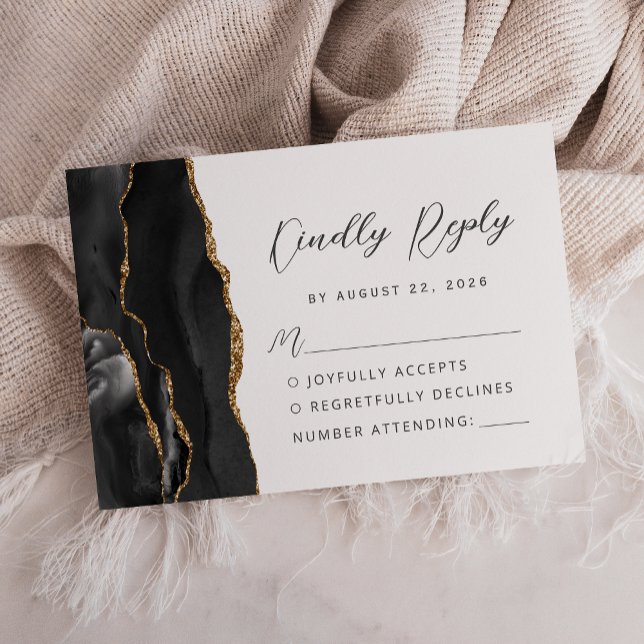 Tarjeta De Confirmación De Asistencia Agate Black Gold Modern Script Boda (Subido por el creador)