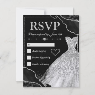Tarjeta De Confirmación De Asistencia Agate negro y plateado y dulce de vestir blanco 16
