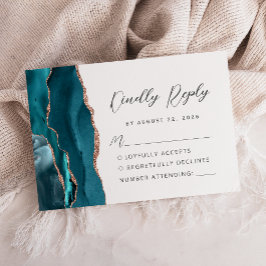 Tarjeta De Confirmación De Asistencia Agate Teal Rose Gold Modern Script Wedding