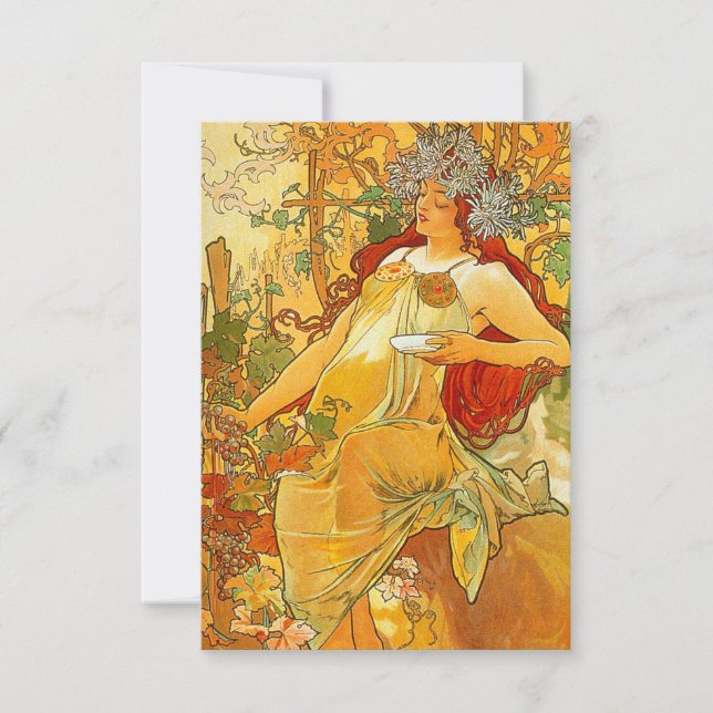 Tarjeta De Confirmación De Asistencia Alphonse Mucha Art Nouveau Otoño (Anverso)